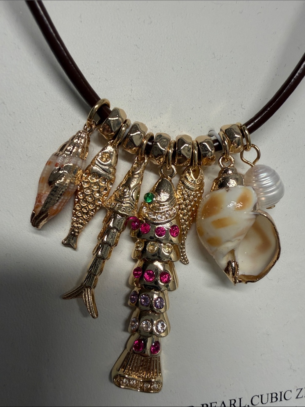 Atterri | Coastal Chic Leather Freshwater Pearl Shell Ocean Motif Charm Necklace - Picture 6 of 8